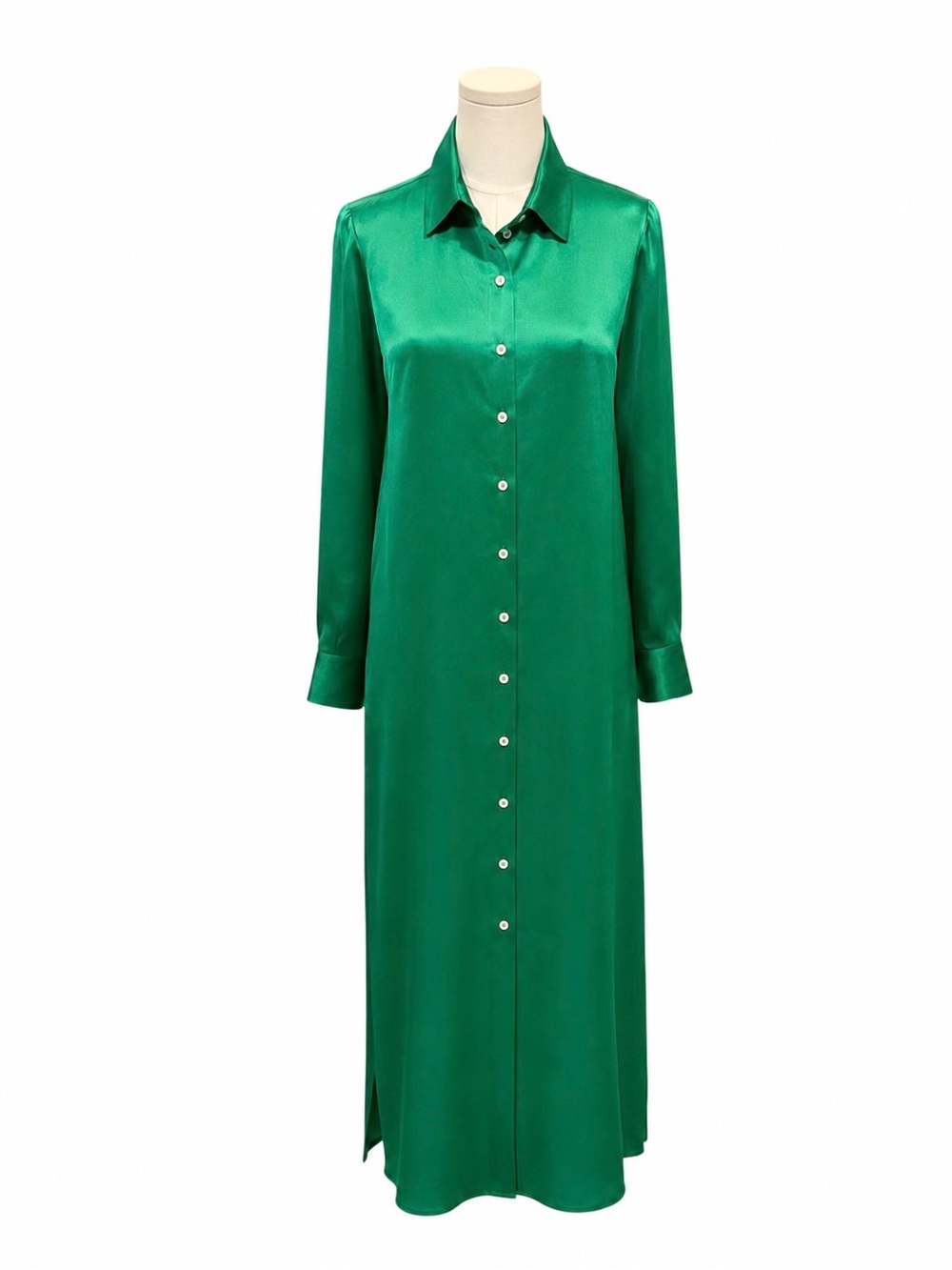 SILK Emerald Green Long Button-Front Maxi Shirt Dress - Picture 2 of 7